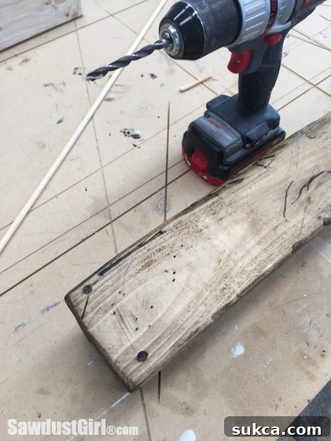Adding Dowels for Reclaimed Wood Authenticity Making a Faux Beam Picture Ledge