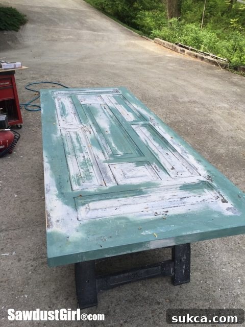 Chippy Paint Technique on a new "Old Door" with blue-green