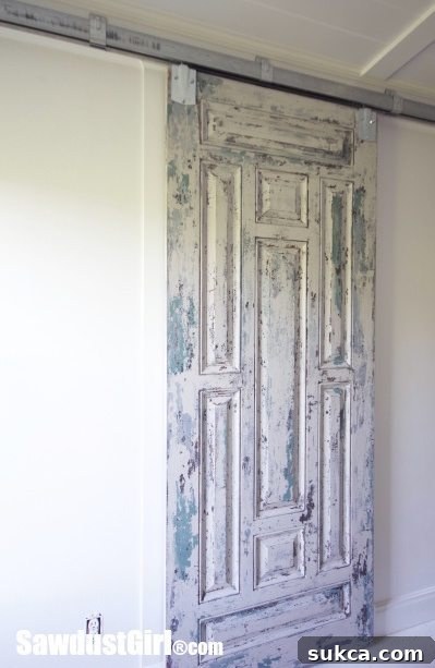 Weathered Wonders: Distressed Studio Barn Door 26 Chippy Paint Barn Door installed