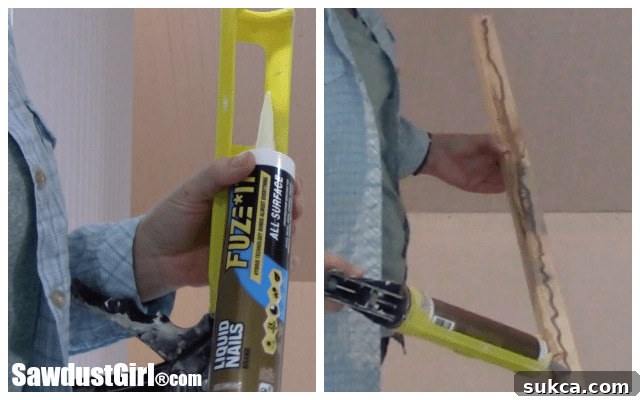 Applying Liquid Nails Fuze It adhesive to a 2x2 cleat