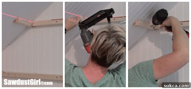 Installing angled cleats for floating shelves on a sloped ceiling