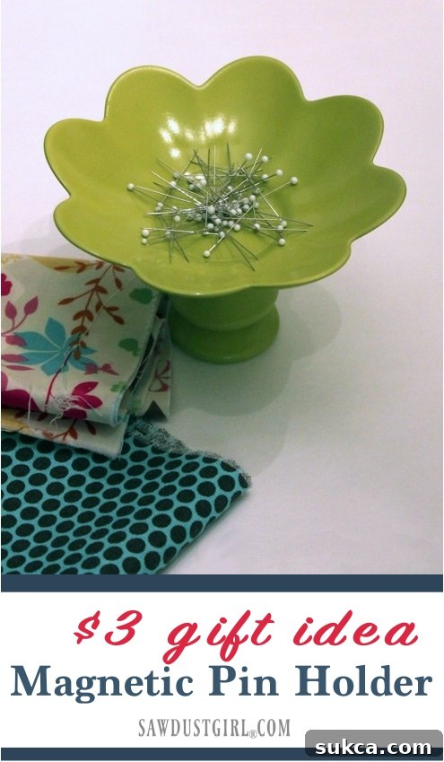 DIY Magnetic Pin Holder for Sewing, showing a white painted bowl on a candlestick with various colorful pins magnetized inside