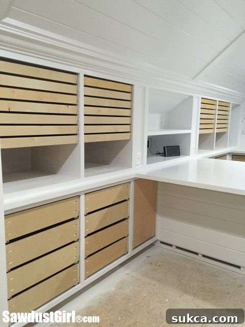 Small Drawers on Wood Drawer Runners for organized craft studio