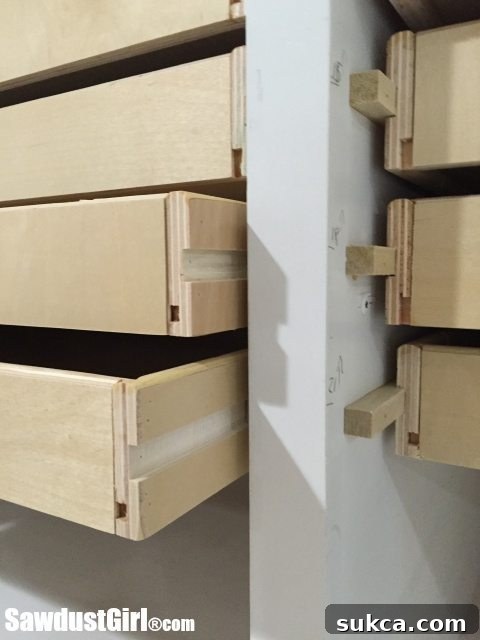 Close-up detail of wood drawer runners installation in cabinet