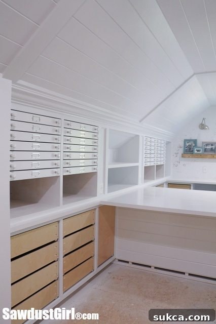 Vertical shot of the completed Map Drawers in a bright craft room setting