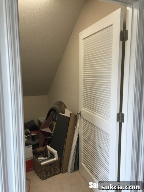 Closet access - currently - The original, poorly optimized HVAC closet with stacked bins, highlighting the wasted space due to the angled wall.