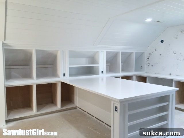 White Painted Craft Room Cabinets and Countertops - The studio's custom cabinets, countertops, and ceiling all painted with Sherwin Williams Decorator White using an airless sprayer.