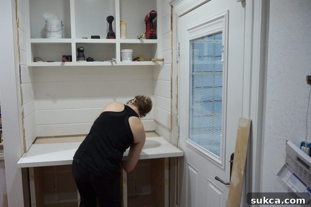 Repurposing old bench top as new cabinet countertop