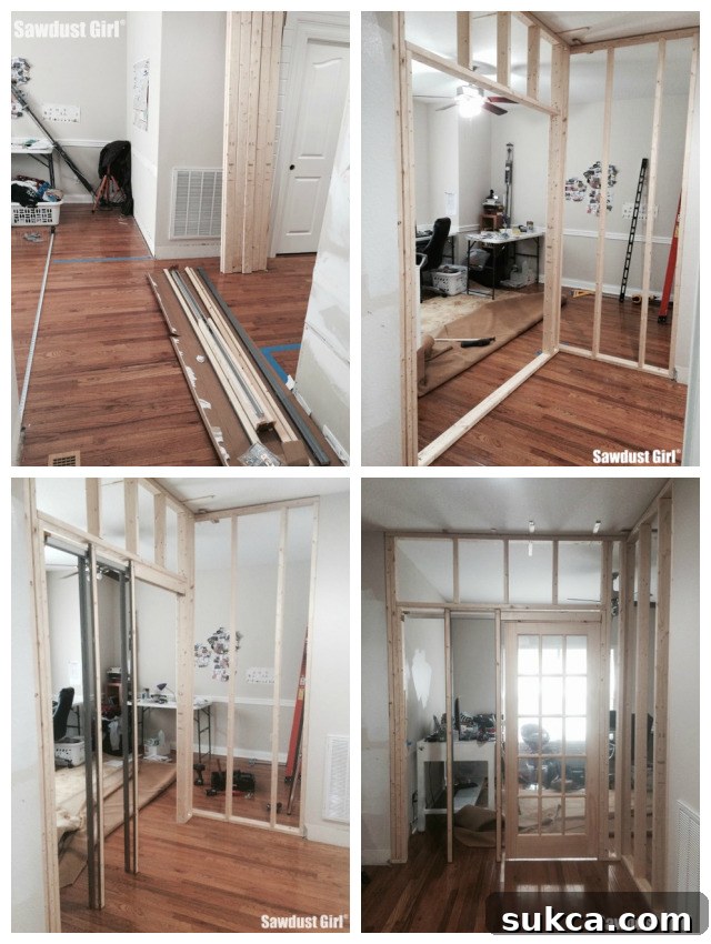 Framing for pocket door and office walls Initial framing work for the new office walls, including the setup for a pocket door to maximize space
