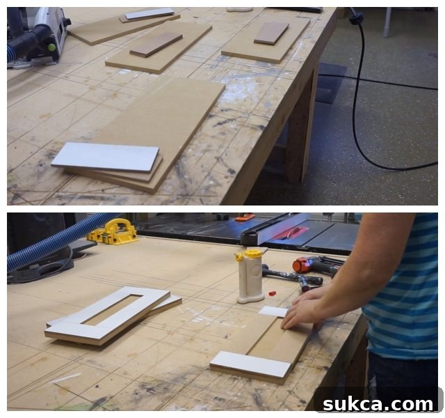 MDF Panels for Hutch Doors and Drawer Fronts Several neatly cut MDF panels laid out, ready to be assembled into the 'cheater' style doors and drawer fronts for the kitchen hutch, showcasing their smooth, paintable surface.