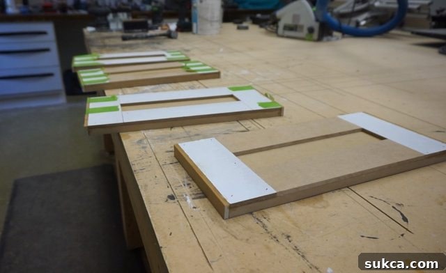 Assembling Drawer Fronts with Glue and Brad Nails Close-up of a DIY drawer front being assembled, showing wood glue applied along the edges and a brad nailer used to secure the pieces together, illustrating a quick and strong construction method.