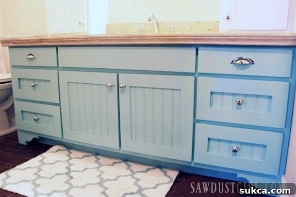 Completed DIY Bathroom Vanity with Turquoise Finish