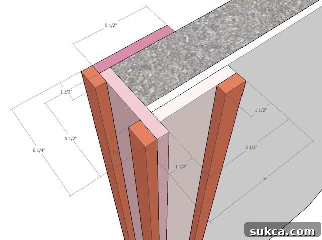 Detailed model illustrating the placement of 1x2 trim boards on the decorative column