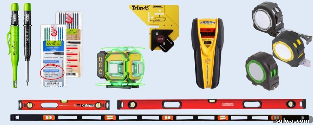 Assortment of essential measuring and marking tools