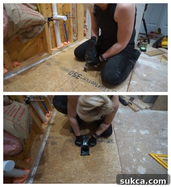 Floor Patched and Vent Cut Subfloor patching completed and cutting opening for toe-kick vent