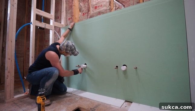 Greenboard Installation Installing greenboard drywall behind bathroom sinks and toilet for moisture resistance
