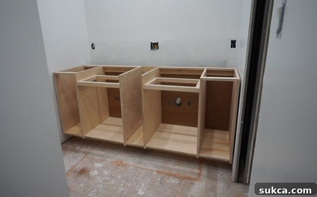 Detailed view of the large custom bathroom vanity's integrated structure Detailed View of Assembled Custom Bathroom Vanity