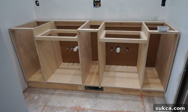 The impressive final structure of the custom-built bathroom vanity Completed Large Custom Bathroom Vanity with Integrated Design