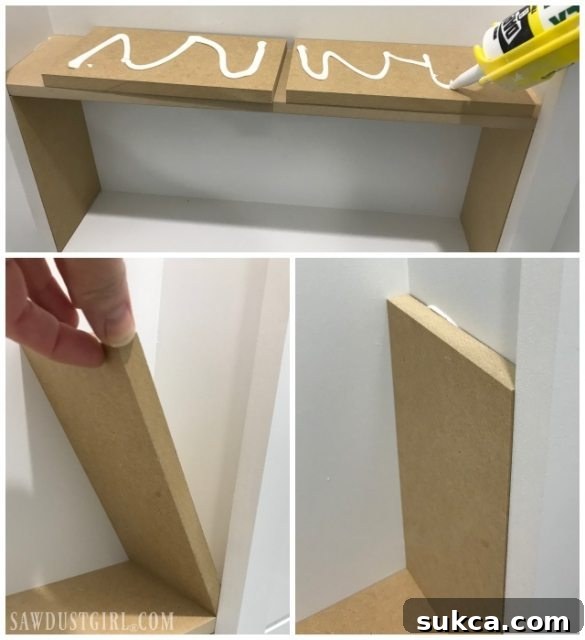 Caulk adhesive to install shelves - step by step