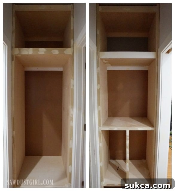Completed wardrobe cabinets awaiting sanding, priming, and painting