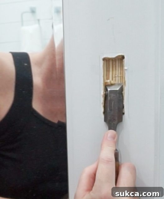 Detailed shot of chiseling the door for a recessed pull, showing the precision required.