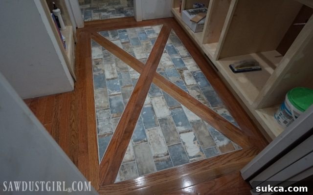 Wood Floor with Tile Inlay in Bathroom Jack and Jill Bathroom Vanity with Wood Floor and Tile Inlay Design