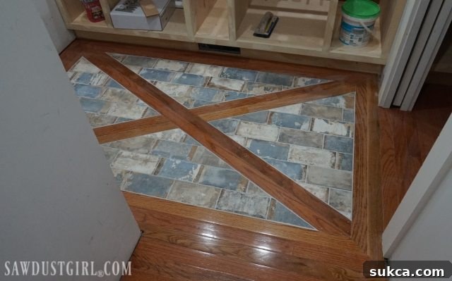 Completed wood floor with tile inlay Finished Wood Floor with Brick Tile Inlay in Bathroom Vanity