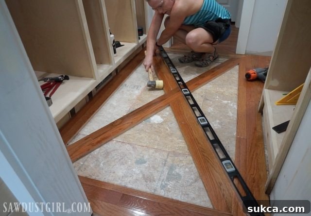 Wood floor with brick tile inlay pattern Detailed View of Wood Floor and Tile Inlay Design Layout