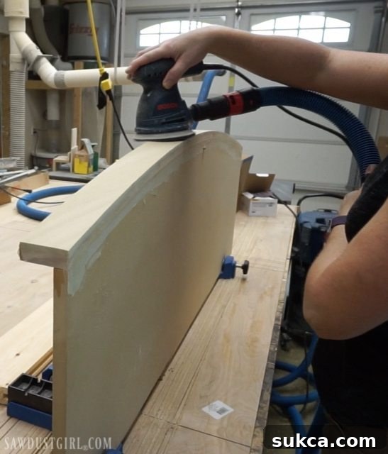 Sanding a curved wood desktop for a smooth, refined finish, focusing on edges and corners