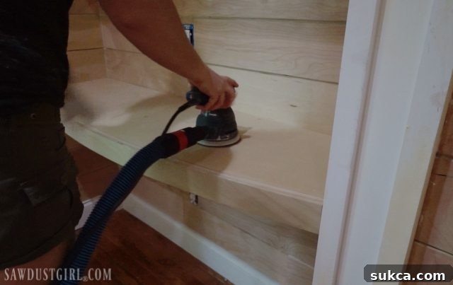 Final sanding of a DIY desktop before priming and painting for a smooth, lasting finish
