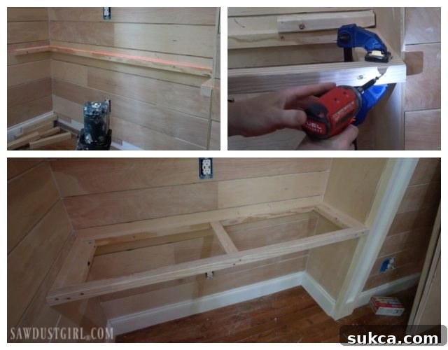 Building a sturdy support frame for a custom floating desktop, showing 2x2 cleats attached to wall studs