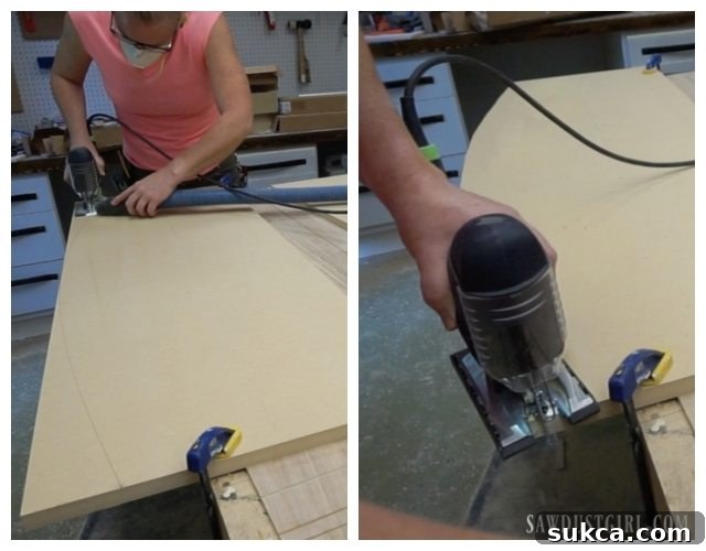 Cutting a curved desk top from MDF using a jigsaw, ensuring a smooth and precise edge