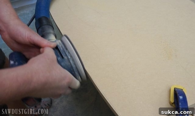 A beautifully cut curved floating desk top, ready for further refinement and installation