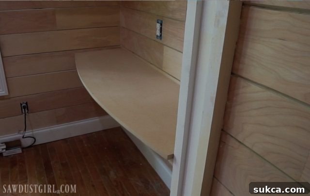 Test fitting a built-in desktop within a niche, ensuring proper alignment and aesthetics