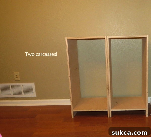 Assembled cabinet carcasses for the custom built-in buffet