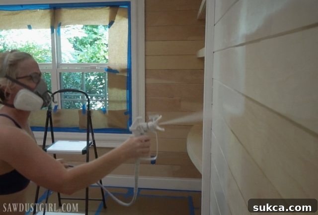 Bedroom Priming with Airless Sprayer Priming the bedroom walls, ceiling, and built-ins with an airless sprayer
