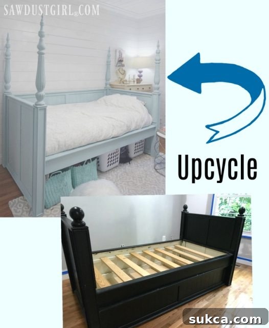 Small bedroom solution: DIY daybed upcycle with salvaged table legs for glam style and hidden storage