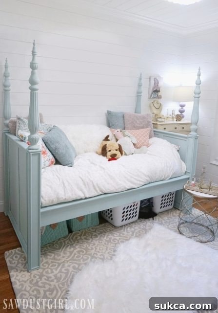 Detailed view of the grown-up glam daybed, a perfect fit for a pretty bedroom