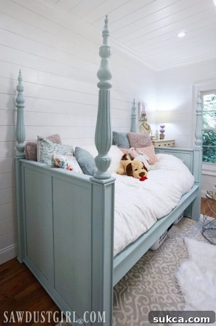 Inviting small bedroom featuring the elegantly upcycled four-poster daybed