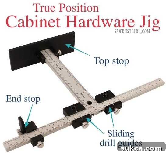The True Position Cabinet Hardware Jig core unit displayed with its components, emphasizing the drill guides and T-square.