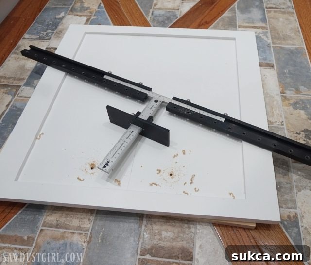 The cabinet hardware jig with extensions installed, demonstrating its capability as both a hardware and shelf pin drilling jig.