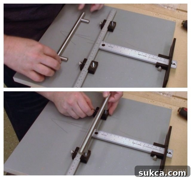 Using the True Position Cabinet Hardware Jig to center and drill holes on a drawer front, highlighting the precision of the drill guides.
