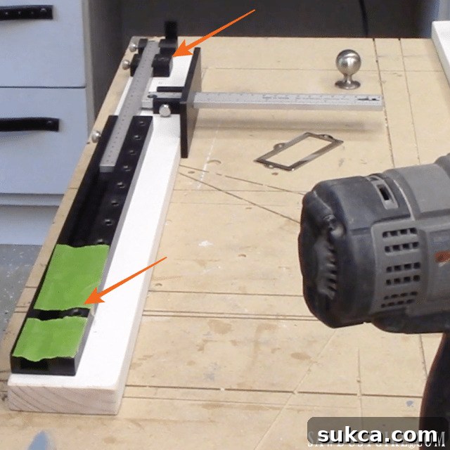 Detailed shot of the True Position Cabinet Hardware Jig with an extension arm and end stop, showing setup for off-center drilling.