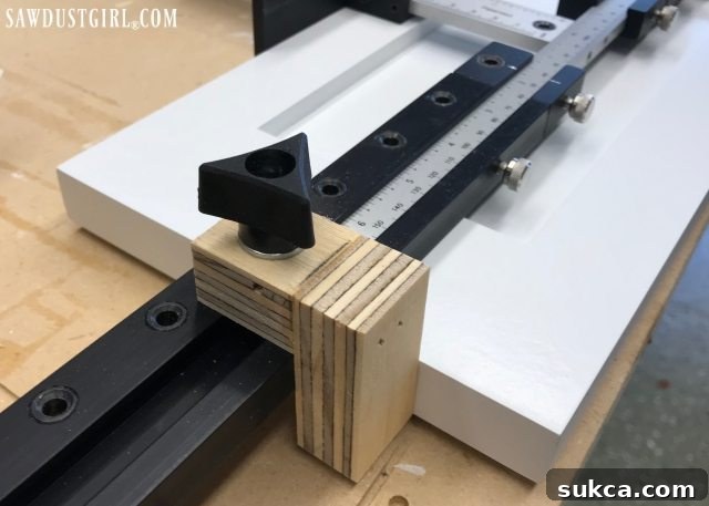A custom-made rapid centering stop attached to the True Position Cabinet Hardware Jig with extensions, demonstrating advanced setup.