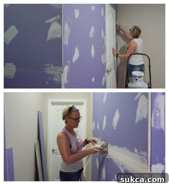 Beginning the mudding process on the new drywall