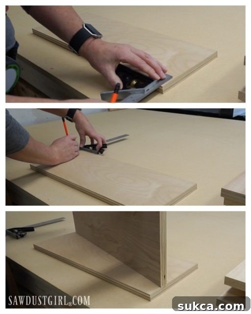 measuring and marking to create two equal, angled shelving bracket sides out of one piece of plywood