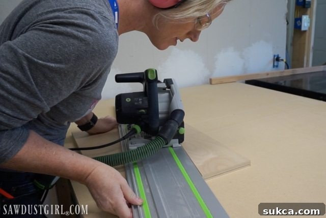 Using track saw to make an angled cut for shelving brackets