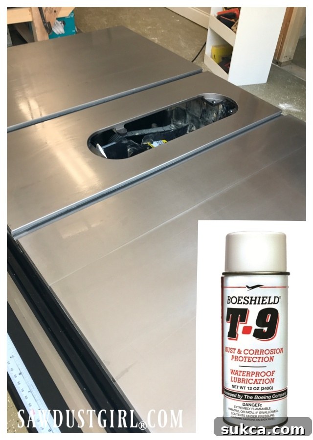 Applying a protective coating to a newly cleaned table saw surface to prevent future rust