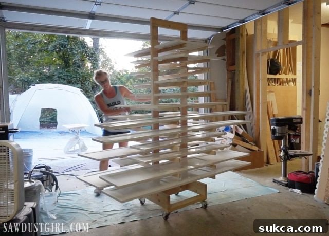 Utilizing a DIY mobile drying rack for cabinet painting