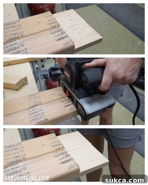 Sanding half-lap joints smooth for a woodworking project